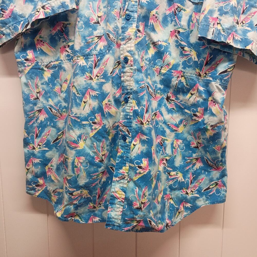 Vintage Columbia Sportswear Fishing Shirt Men XL Made USA Fly Lures AOP PFG Blue - Picture 3 of 8
